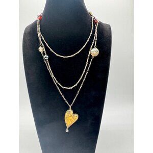 Maximal Art Necklace With Heart Pendant Long Chain And Glass Beads Art Deco Make
